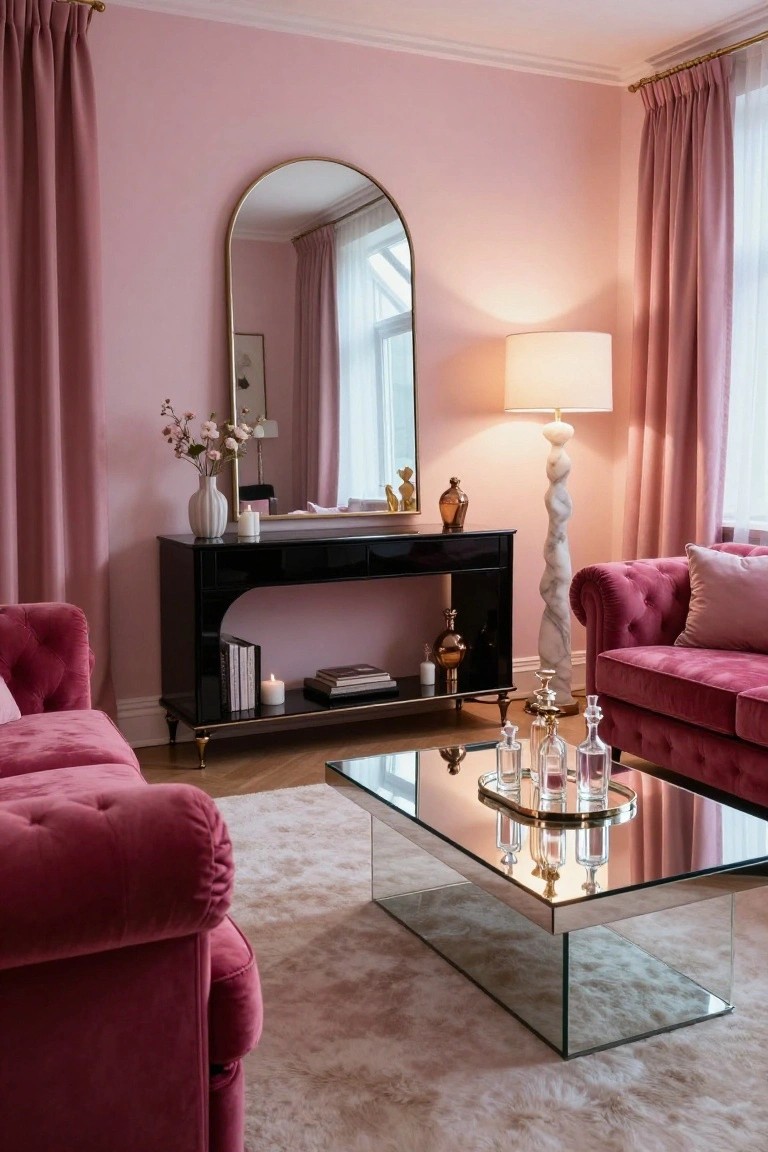 Blush pink living room with pink velvet sofa and chairs, black lacquered console table on gold legs, large arched gold mirror, white marble lamp, glass perfume bottles on mirrored coffee table, and pink curtains.