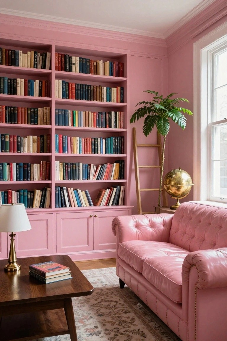 Pink-walled corner room with built-in bookshelves filled with multicolored books, pink tufted leather sofa, wooden coffee table holding stacked books, brass lamp, potted palm plant on wooden ladder, brass globe, and window.