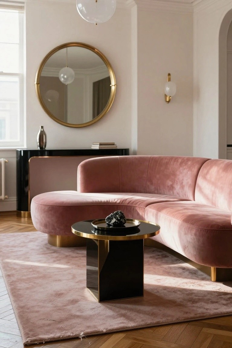A living room with a curved blush pink velvet sofa, black and gold coffee table, gold-framed mirror, console table, and pink rug on parquet flooring.