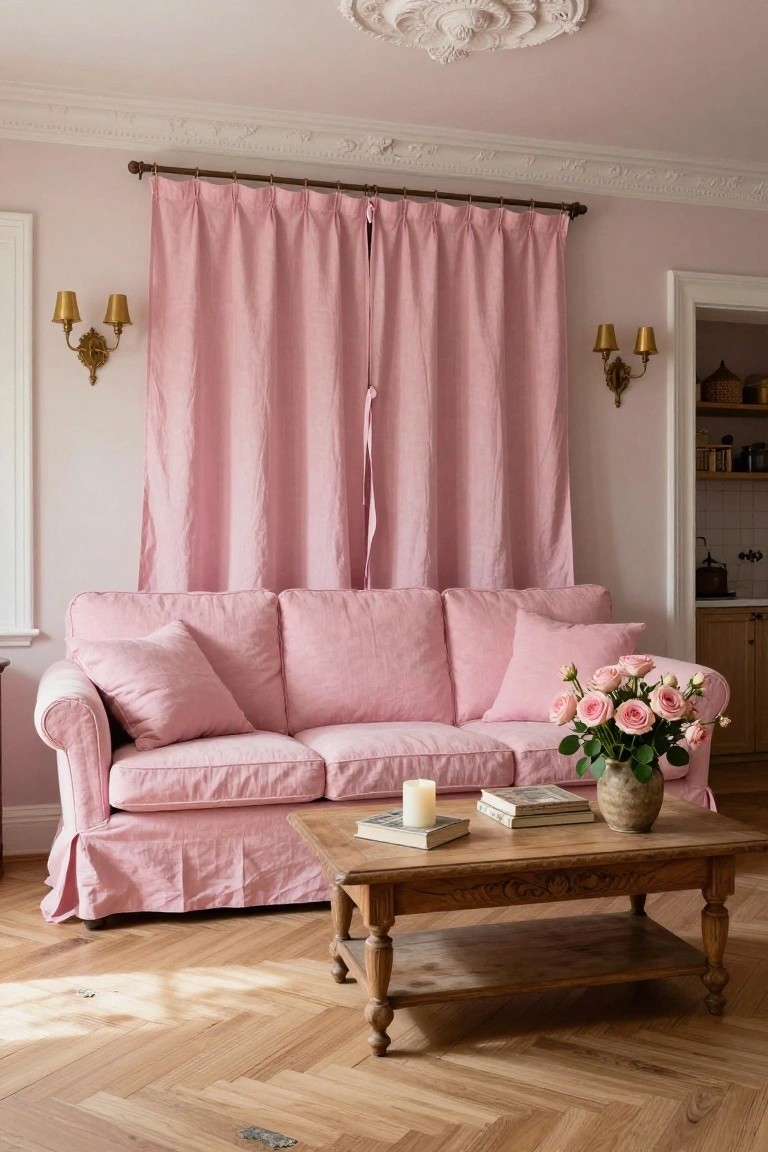 Living room with blush pink linen slipcovered sofa, matching pink curtains on a rod, wooden coffee table holding books, candle, and vase of roses, pink walls, and parquet wood floor.