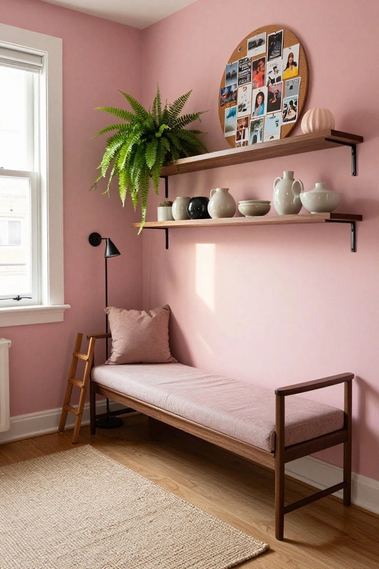 Blush pink room corner with wooden floating shelves displaying ferns, pottery, and a pumpkin, a wooden daybed bench with pink cushion and throw pillow, small wooden ladder beside it, black floor lamp, and window with roller shade.