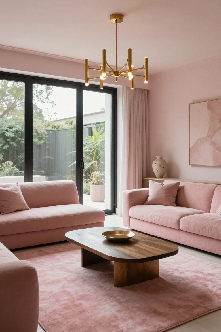 A blush pink living room with two matching velvet sofas, wooden coffee table holding a gold bowl, gold chandelier overhead, abstract pink wall art, potted plants, and black-framed sliding glass doors to an outdoor garden view.