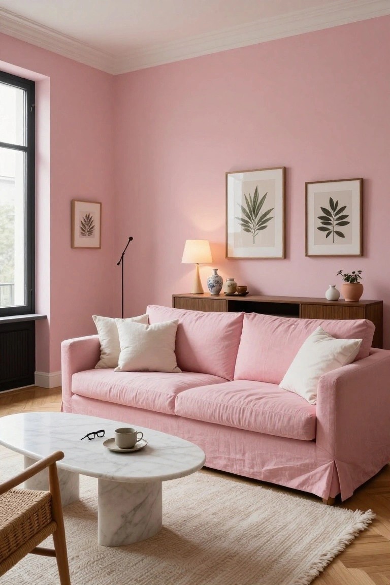 Blush pink living room with matching pink linen sofa, white pillows, oval white marble coffee table, wooden sideboard, potted plants, and framed botanical leaf prints on the walls.