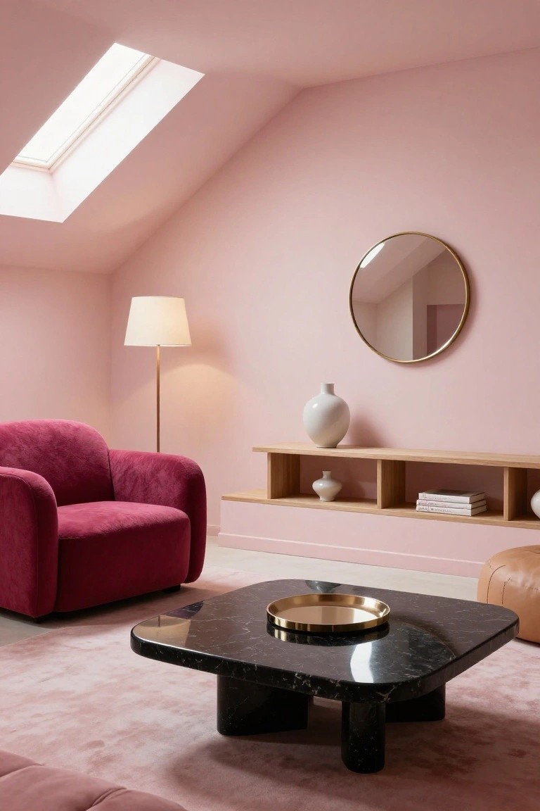 Attic living room with pale pink walls and ceiling, deep red velvet sofa, black marble coffee table with gold tray, wooden floating shelf holding white vases and books, floor lamp, gold round mirror, beige pouf, and pink rug under skylight.