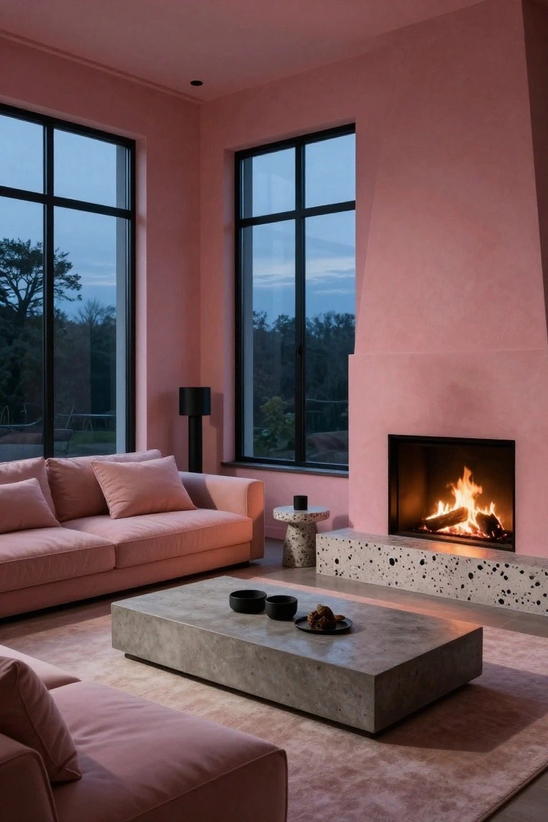 Modern living room featuring blush pink walls, pink sofa, concrete coffee table with black bowls, speckled concrete fireplace hearth with burning fire, black floor lamp, and large black-framed windows showing trees outside at dusk.