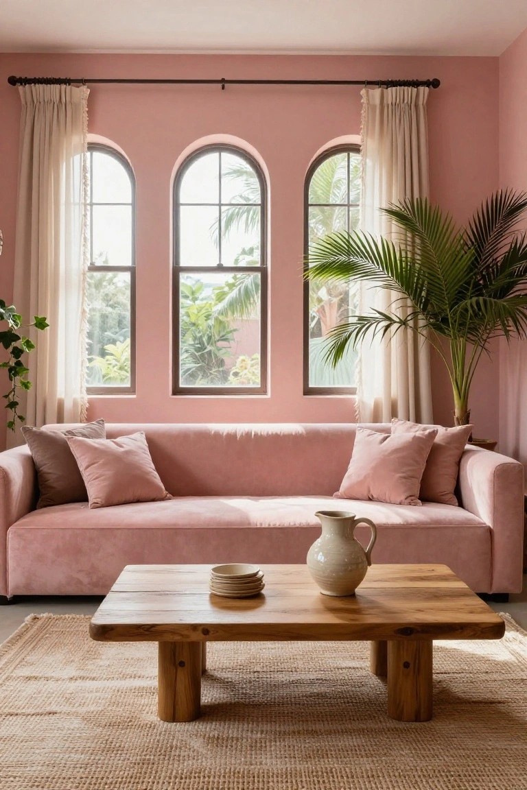 Living room featuring blush pink walls, three large arched windows with sheer curtains overlooking tropical greenery and palms, pink velvet sofa with pillows, wooden coffee table with ceramic vase and plates, potted plants, and seagrass rug.