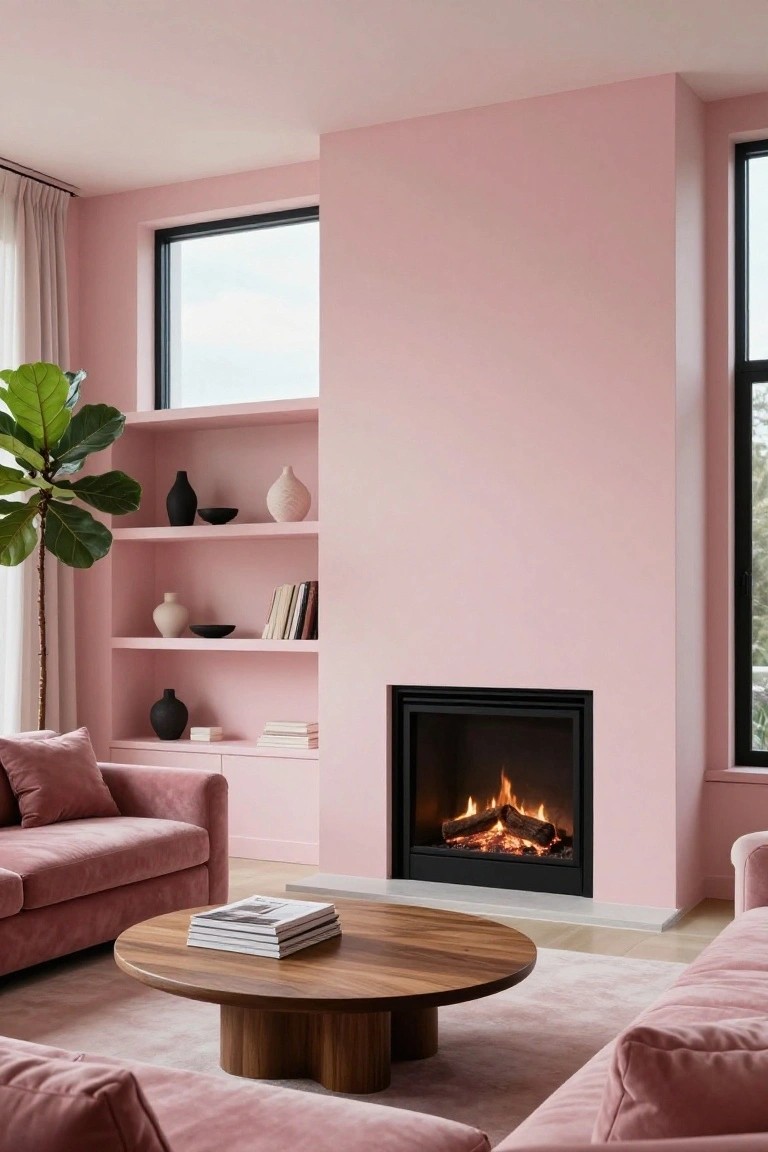 Modern living room with blush pink walls and matching built-in shelves flanking a lit black-framed gas fireplace, pink velvet sofa, wooden coffee table, and potted fiddle leaf fig plant.