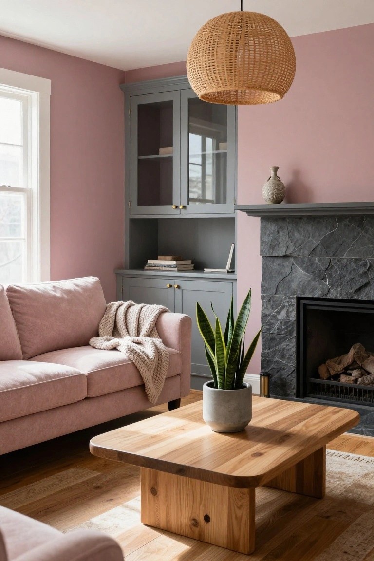 Blush pink living room featuring a pink sofa with a cream blanket, low wooden coffee table, potted snake plant, gray built-in cabinet, and black stone fireplace under a woven pendant light.