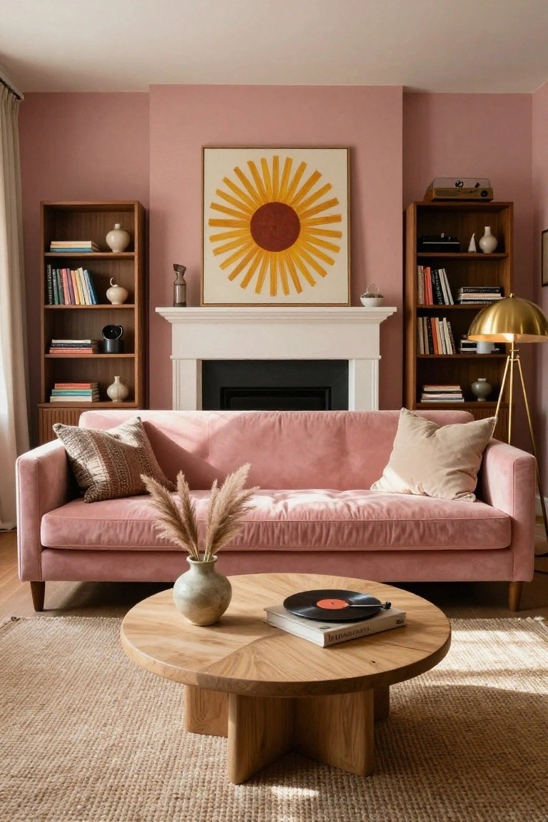A living room with blush pink walls, pink velvet sofa, wooden bookshelves flanking a white fireplace mantel with black firebox, wooden coffee table holding a vase and record player, gold floor lamp, and large yellow sunflower artwork above the mantel.
