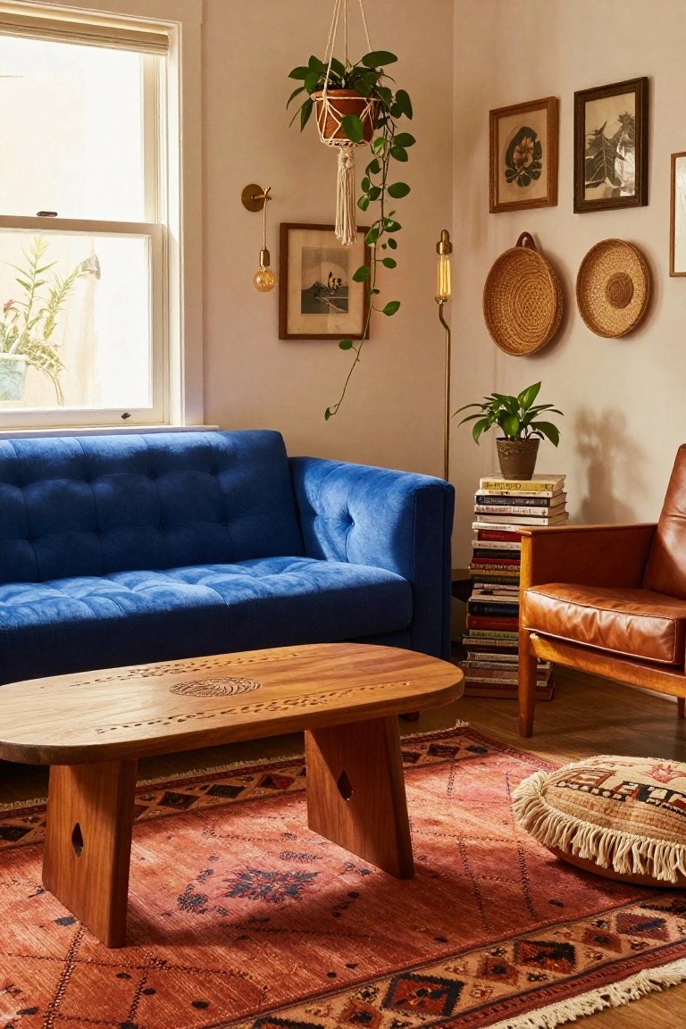 Living room interior with blue tufted sofa, oval carved wooden coffee table, tan leather armchair, stack of books side table, potted plants, hanging macrame planter, woven wall baskets, framed art, and terracotta rug on wood floor.