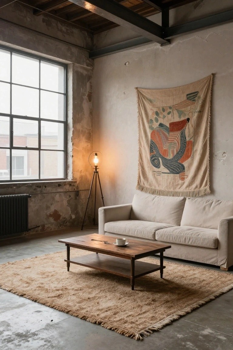 Beige sofa and wooden coffee table on a jute rug in an industrial loft living room with tripod floor lamp, large woven tapestry on wall, radiator, and large windows.