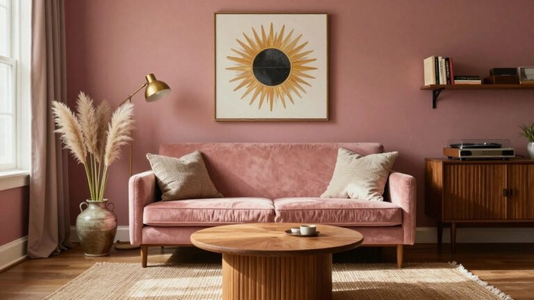 A living room with blush pink walls, pink velvet sofa, wooden bookshelves flanking a white fireplace mantel with black firebox, wooden coffee table holding a vase and record player, gold floor lamp, and large yellow sunflower artwork above the mantel.