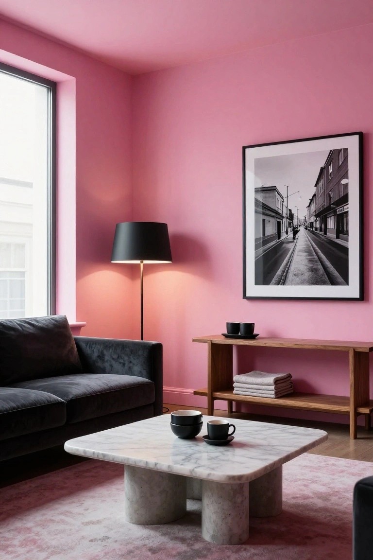 Living room corner with hot pink walls, black floor lamp, large black-framed black-and-white photo of a street, gray velvet sofa, wooden sideboard with cups and towels, white marble coffee table holding black cups, and pink rug on wood floor.