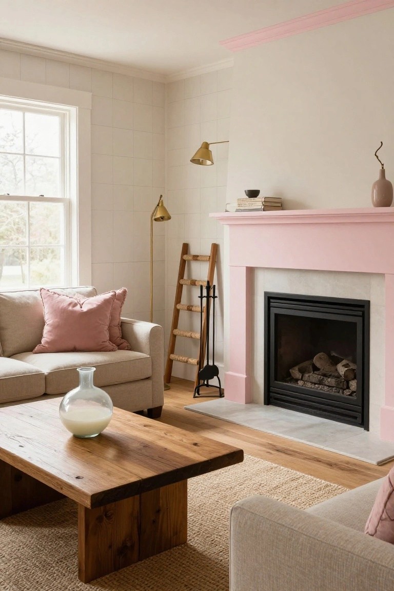 A living room with white shiplap walls, a pink-trimmed fireplace mantel, beige sofa with pink pillows, wooden coffee table holding a glass vase, gold floor lamps, and light wood floors.
