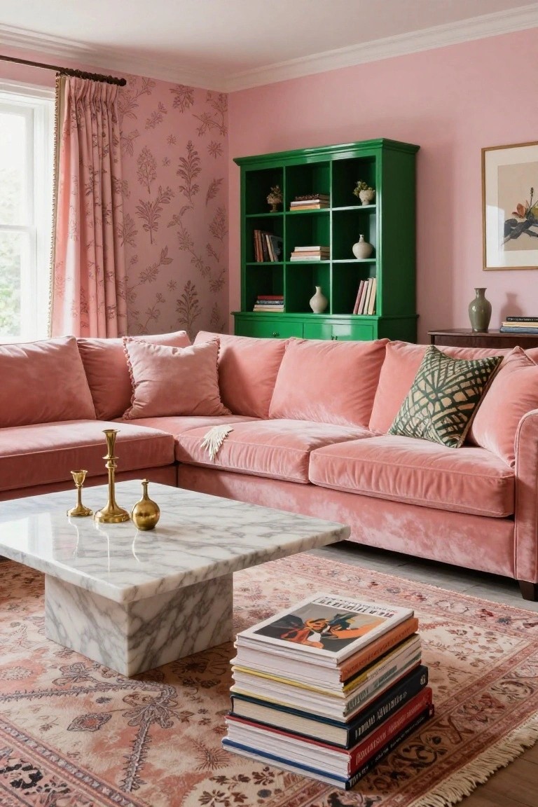 Blush pink living room with pink patterned walls, L-shaped pink velvet sofa, white marble coffee table with brass candlesticks and stacked books, tall green cabinet filled with books and vases, and pink-toned rug.