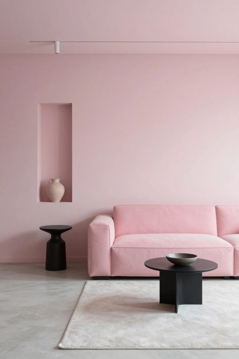 Modern living room with blush pink walls, blush pink L-shaped sofa, black tapered side table, black cross-legged coffee table holding a bowl, beige vase in wall niche, recessed ceiling light, white rug on concrete floor.