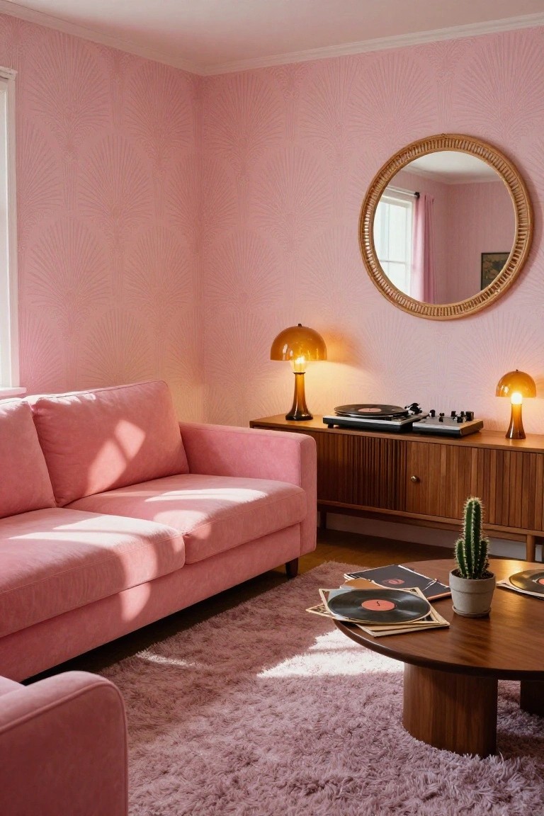 Pink living room featuring fan-patterned wallpaper, pink velvet sofa, wooden credenza with turntable and records, orange lamps, round mirror, and cactus plant on coffee table.
