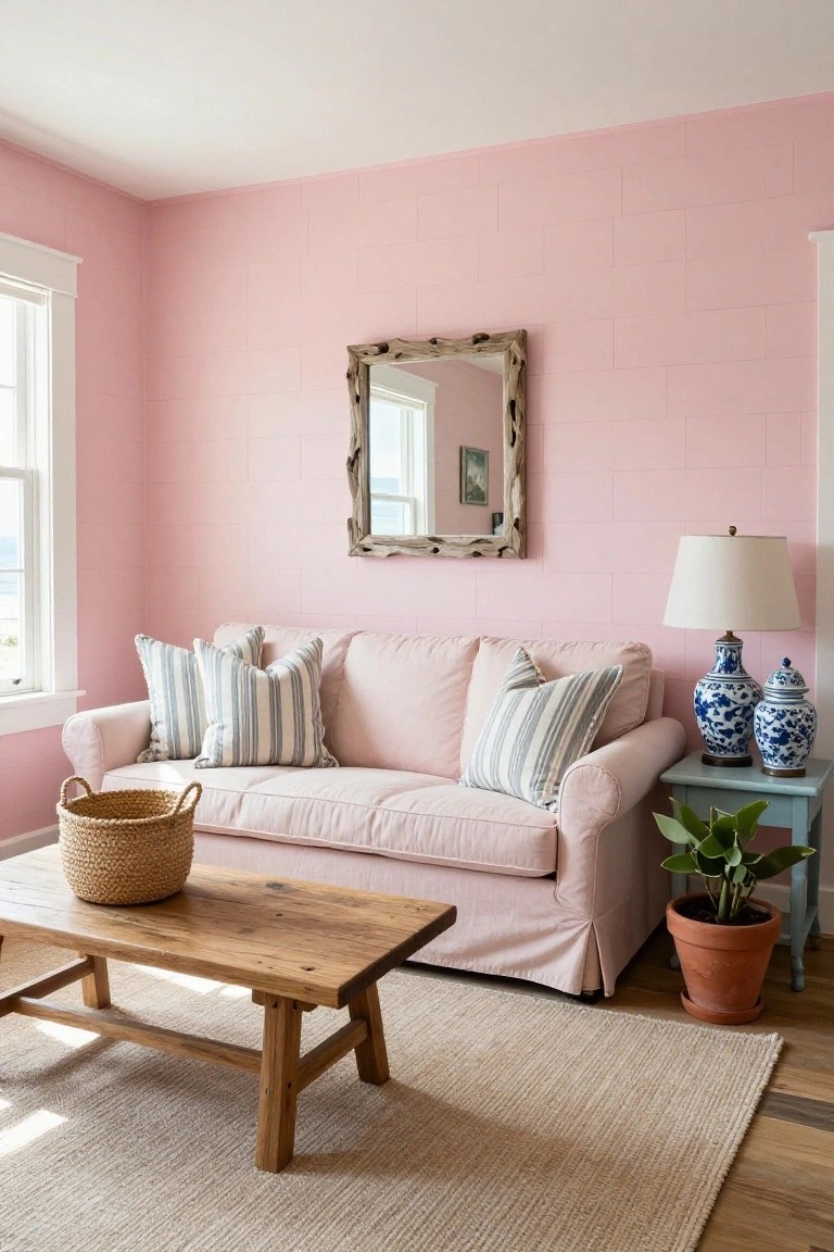 Blush pink plank walls in a living room with a pale pink sofa piled with striped pillows, rustic wooden coffee table holding a woven basket, turquoise side table with blue and white vases and potted plant, white lamp, driftwood mirror, and window showing ocean view.