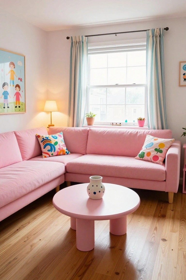 A light pink L-shaped sofa with colorful patterned pillows, a matching pink cylindrical coffee table holding a white dotted vase, houseplants, a lamp, children's artwork, and striped curtains on a window in a room with light walls and wooden floors.