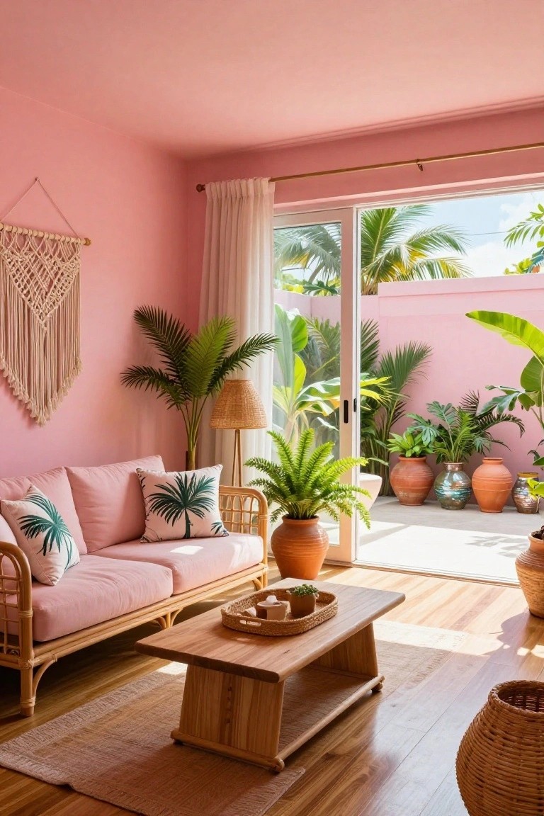 A living room with soft pink walls and ceiling, rattan sofa and coffee table, potted tropical plants, macrame wall hanging, white curtains on sliding glass doors, and view of pink exterior wall with more plants outside.