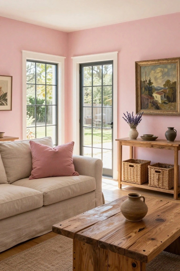 A living room corner with blush pink walls, beige linen sofa with pink pillow, rustic wood coffee table holding a terracotta vase, wood console with wicker baskets and lavender bouquet, and black-framed windows to a garden.