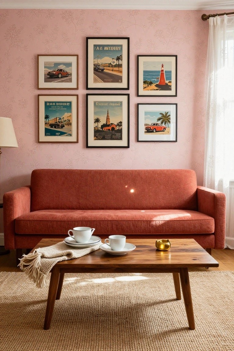 Blush pink living room featuring a rust-colored sofa, wooden coffee table with teacups and saucer, beige rug, and walls with multiple framed vintage travel posters of cars, beaches, lighthouses, and landmarks.