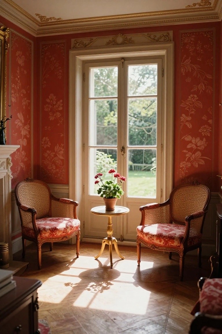 Cozy Cane Armchairs in Red Rococo Walls