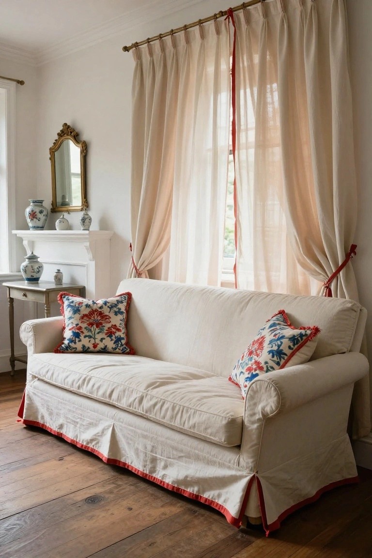 Cream slipcovered sofa with red-fringed floral pillows and red skirt trim in a living room featuring tall sheer curtains with red ties, a white mantel holding blue-and-white porcelain vases, a gold mirror, and hardwood floors.