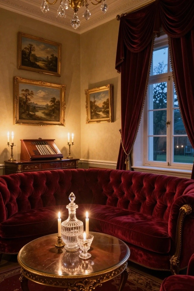 A Rococo-style living room with a curved red velvet sectional sofa, gold-trimmed wooden table holding a crystal decanter and candles, landscape oil paintings on walls, brass candelabras, and a chandelier.