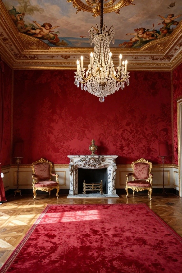 Red damask wallpapered room with crystal chandelier, marble fireplace, two matching armchairs, red rug, and painted ceiling in Rococo style.
