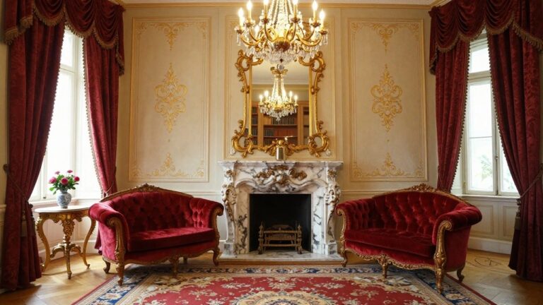 25 Red Rococo Living Room Design Ideas Ornate Rococo living room with red velvet tufted sofa, gold-framed mirror above marble fireplace with flowers, crystal chandelier, red velvet curtains, and patterned rug on parquet floor.