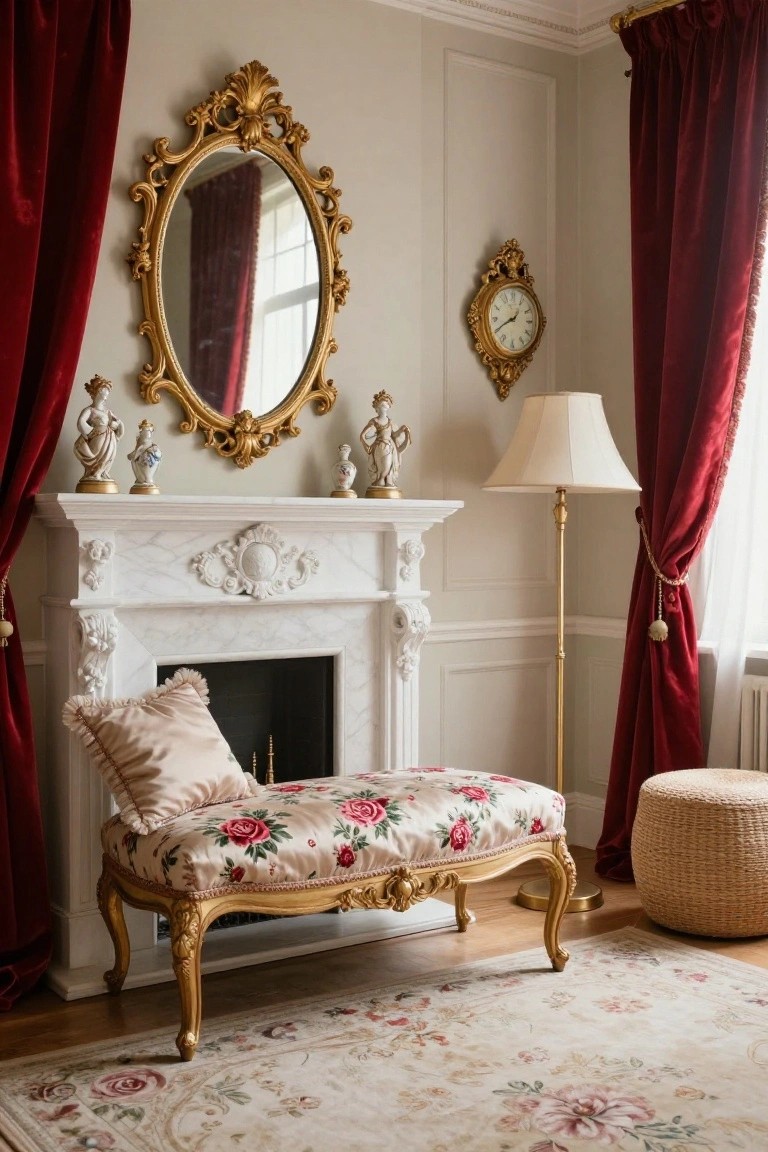 A living room corner with white marble fireplace, large ornate gold mirror above mantel flanked by porcelain figurines, red velvet curtains on windows, gilded bench with pink rose satin upholstery and pillow in front, brass floor lamp, gold wall clock, and woven pouf on floral rug.