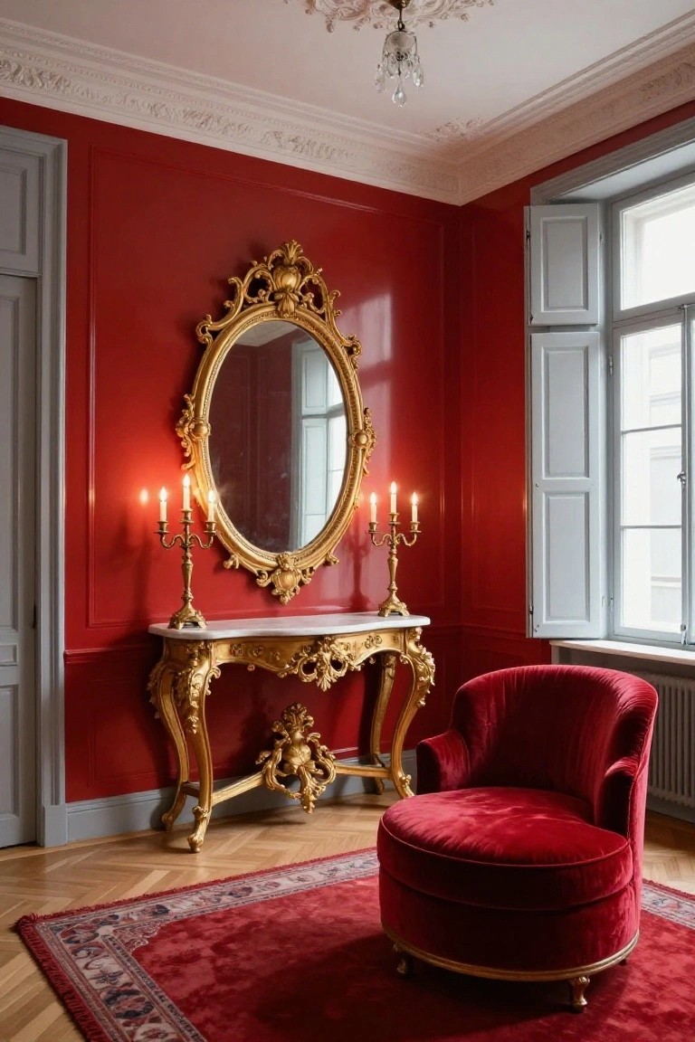 Corner of a living room with deep red walls, ornate gold rococo mirror over matching console table with candelabras, red velvet ottoman on patterned rug, gray shutters on window, hardwood floor.