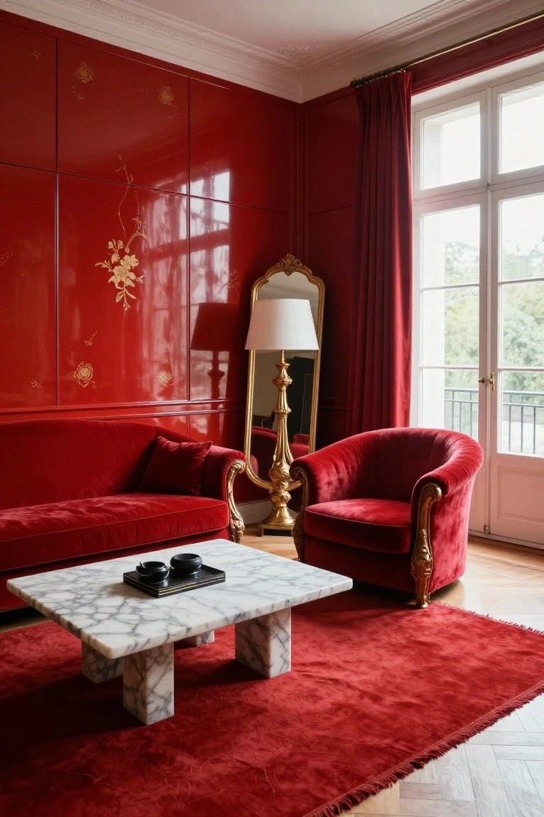 A luxurious living room corner featuring glossy red lacquered walls with gold chinoiserie floral motifs, red velvet sofa and curved armchair, white marble coffee table with tea set, gilded mirror and floor lamp, red velvet rug on parquet floor, and red drapes at French doors to a balcony.