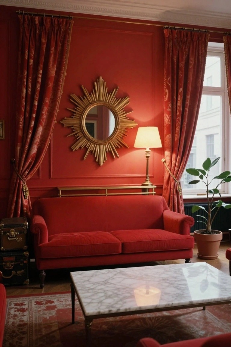 Red paneled living room interior with gold sunburst mirror on wall, red velvet sofa, marble coffee table, brass lamp, red curtains, and potted plant by window.