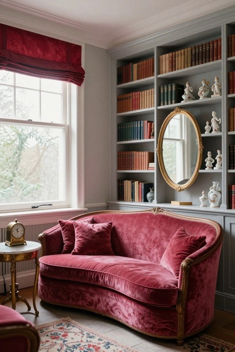 Gray built-in bookshelves filled with books and porcelain figurines surround a curved red velvet sofa with matching pillows, a gold-accented round table holding a clock, an oval mirror, and a window with red blinds in a light room.