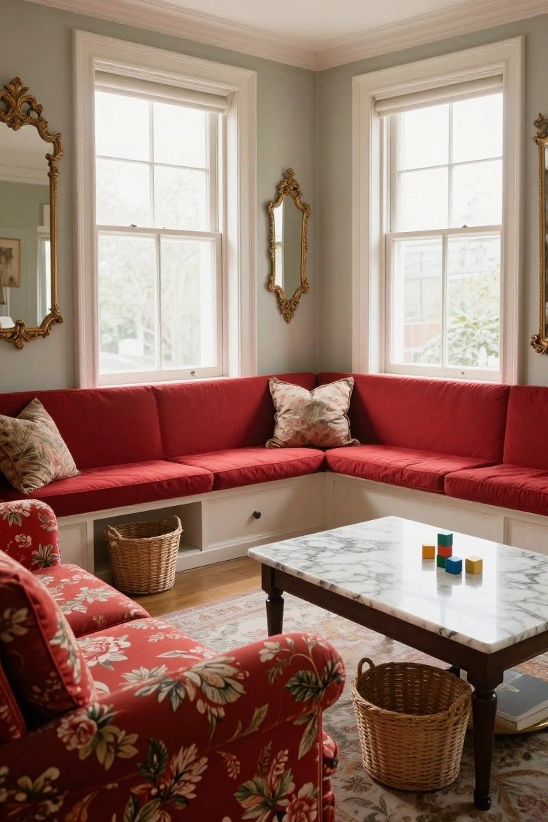 Corner living room with L-shaped built-in red banquette, red floral-patterned armchair, marble coffee table holding colored wooden blocks, wicker baskets, and ornate gold mirrors beside tall multipane windows.