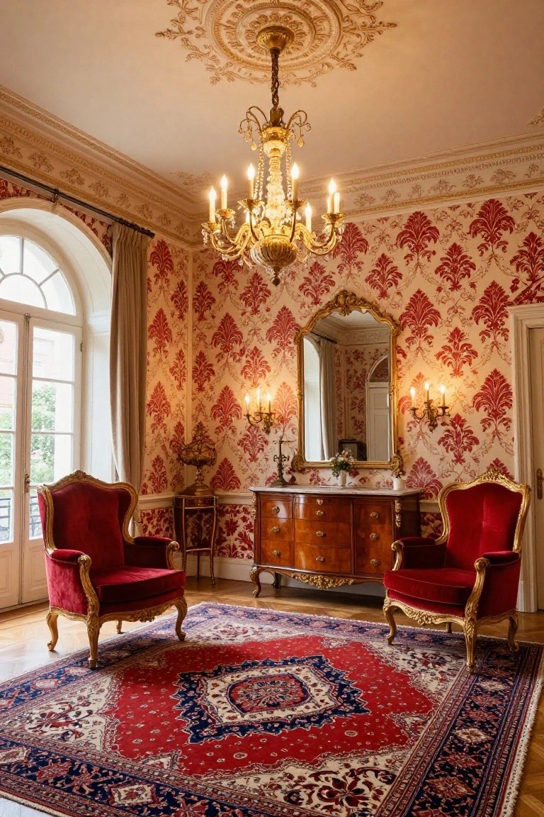 Rococo-style interior room with red floral damask wallpaper on walls, large gold chandelier, two red velvet armchairs with gold frames, wooden credenza, gold mirror, wall sconces, and central red and navy Persian rug on parquet floor.