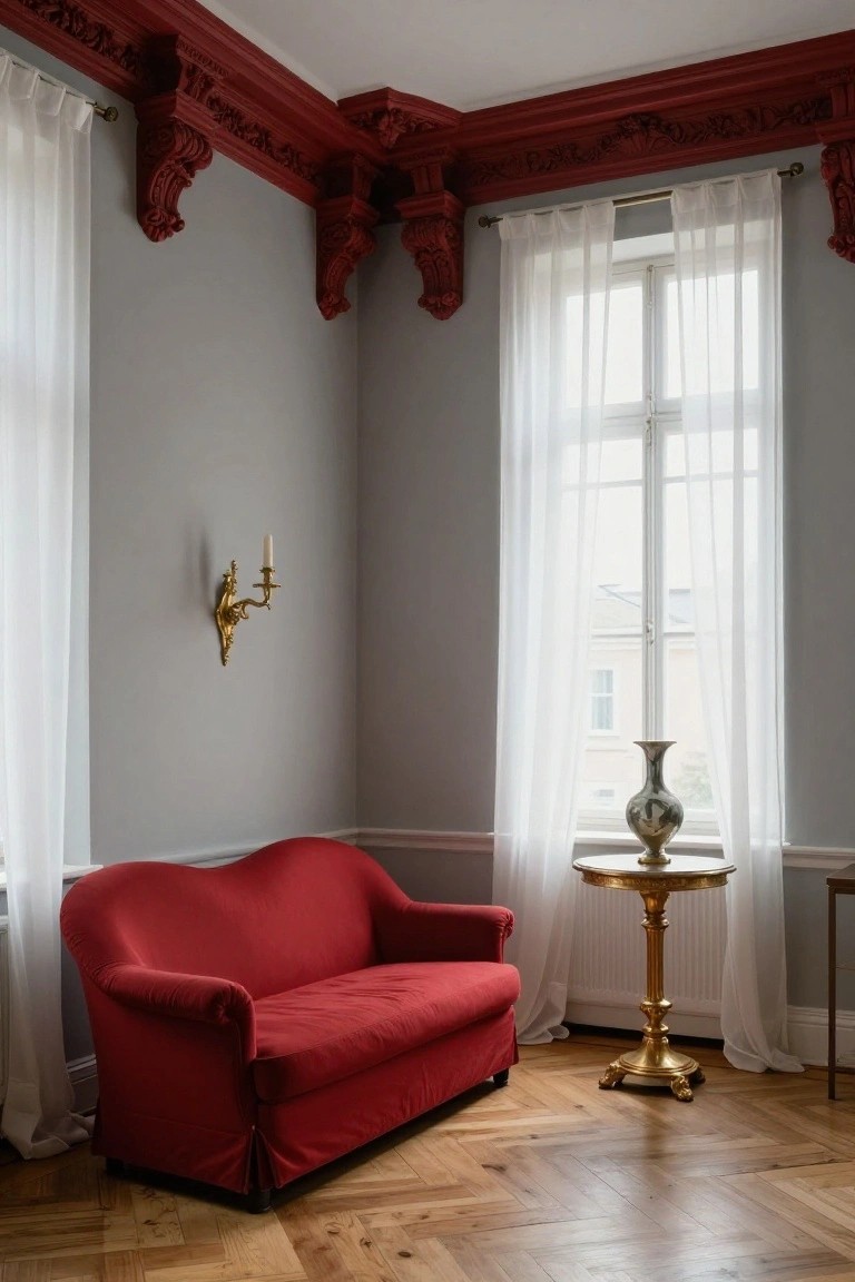 Corner of a living room featuring gray walls, red-painted Rococo-style cornices and brackets, a curved red sofa, gold wall sconce, pedestal table with vase, sheer-curtained windows, and parquet flooring.