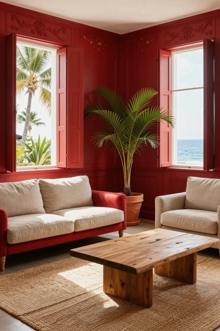 Corner living room with deep red paneled walls featuring ornate moldings, two cream upholstered sofas with red frames, wooden coffee table, potted palm plant, and louvered windows open to palm trees and ocean view.