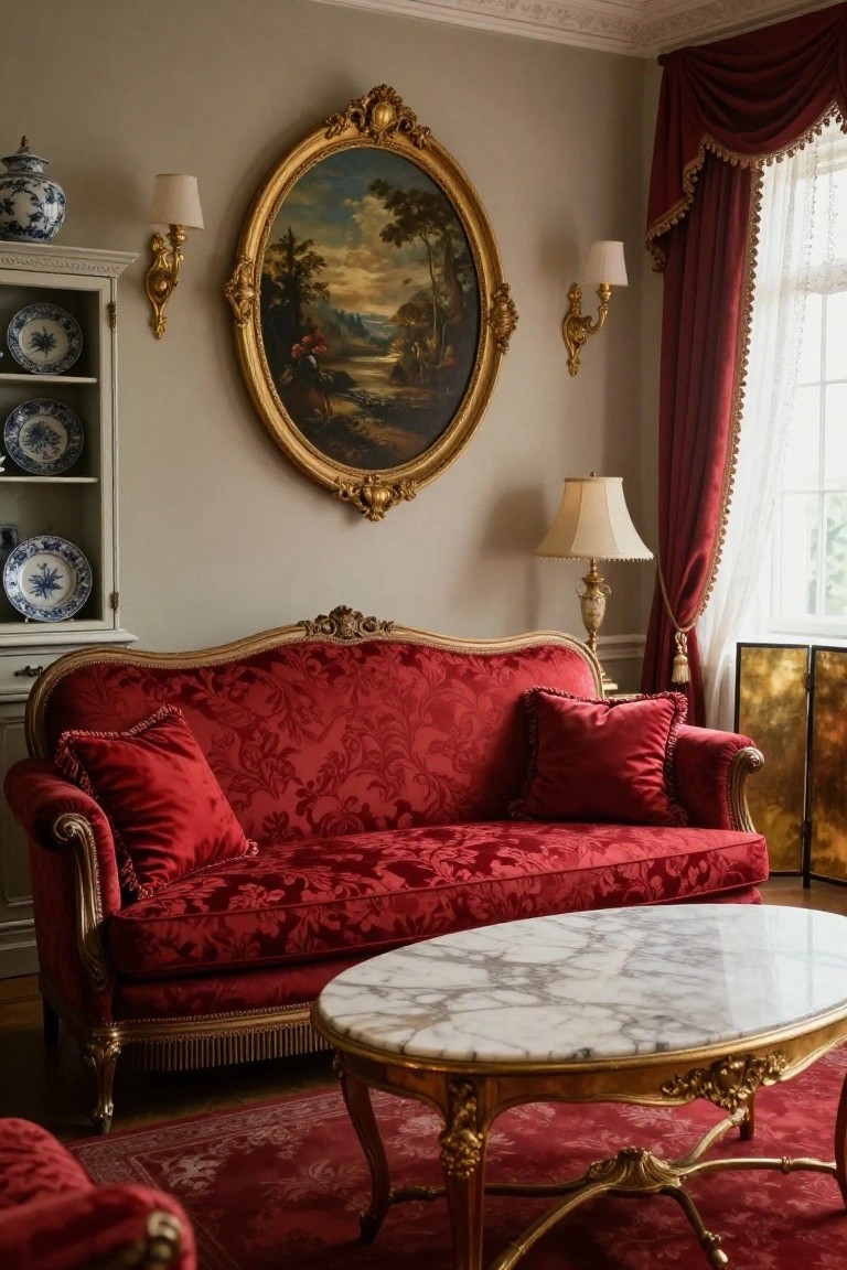 A living room interior with a red Rococo-style upholstered sofa, gold-framed oval landscape painting on a gray wall, marble-top coffee table, blue and white china cabinet, and red drapery at the window.