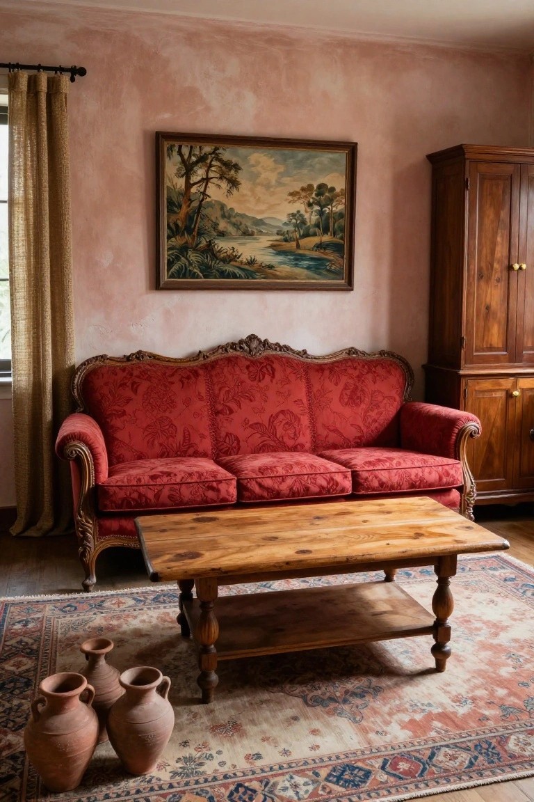 Red Rococo Sofa with Rustic Wood Table