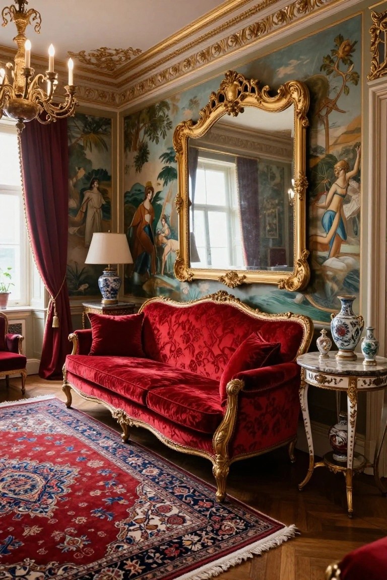Luxurious living room interior with a large red velvet Rococo sofa, ornate gold chandelier, large gold-framed mirror, red velvet curtains, blue-and-white porcelain vases on tables, over a red Persian-style rug, and walls painted with tropical mural scenes.