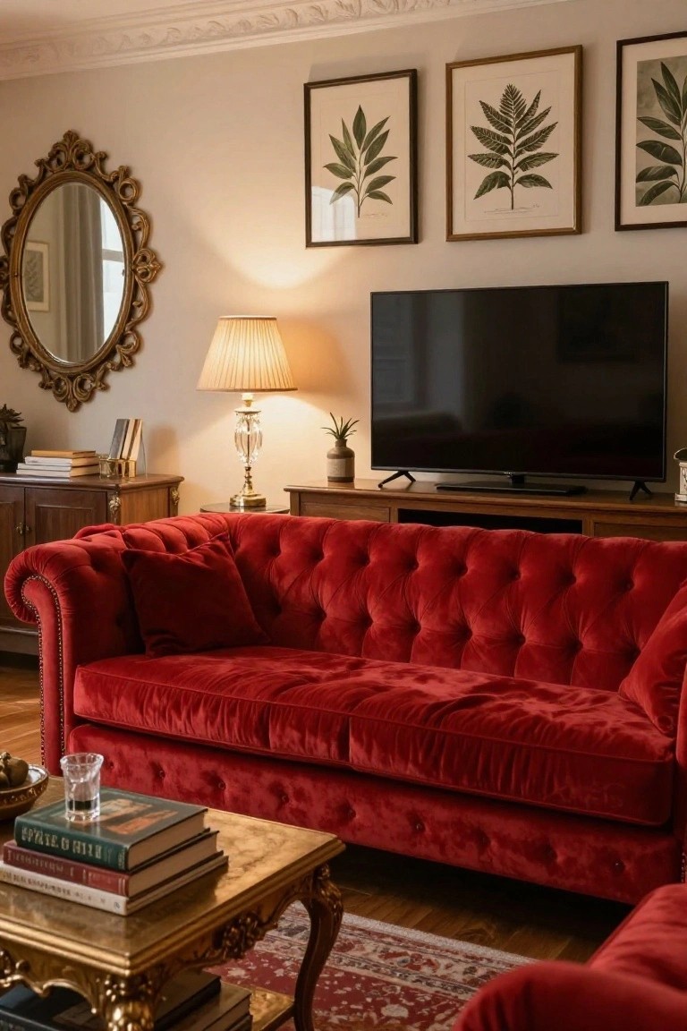A living room with a red velvet tufted Chesterfield sofa facing a TV on a wooden media unit, ornate gold coffee table holding books and a glass, gilded mirror, lamps, and three framed botanical prints on beige walls.