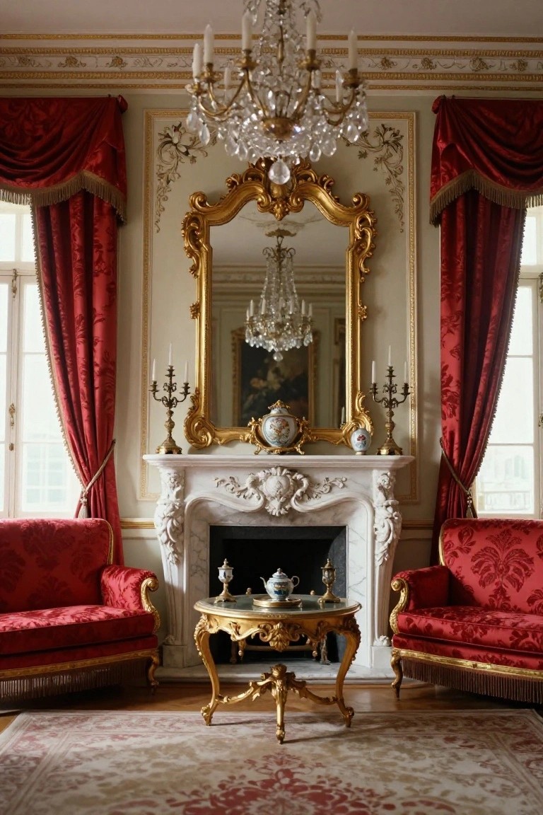 Red Velvet Armchairs Beside a Gilded Fireplace
