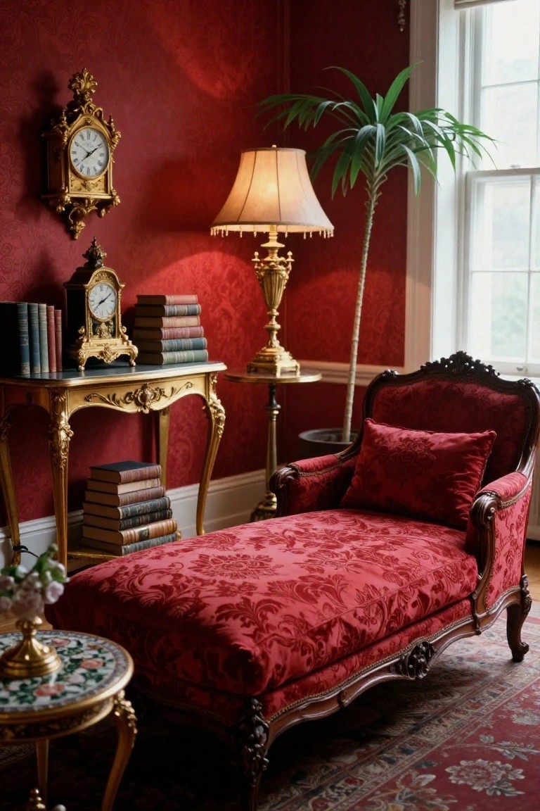 Red velvet chaise lounge in a crimson-walled interior with gilded console table holding books and clock, tall floor lamp, palm plant near window, and small round table.