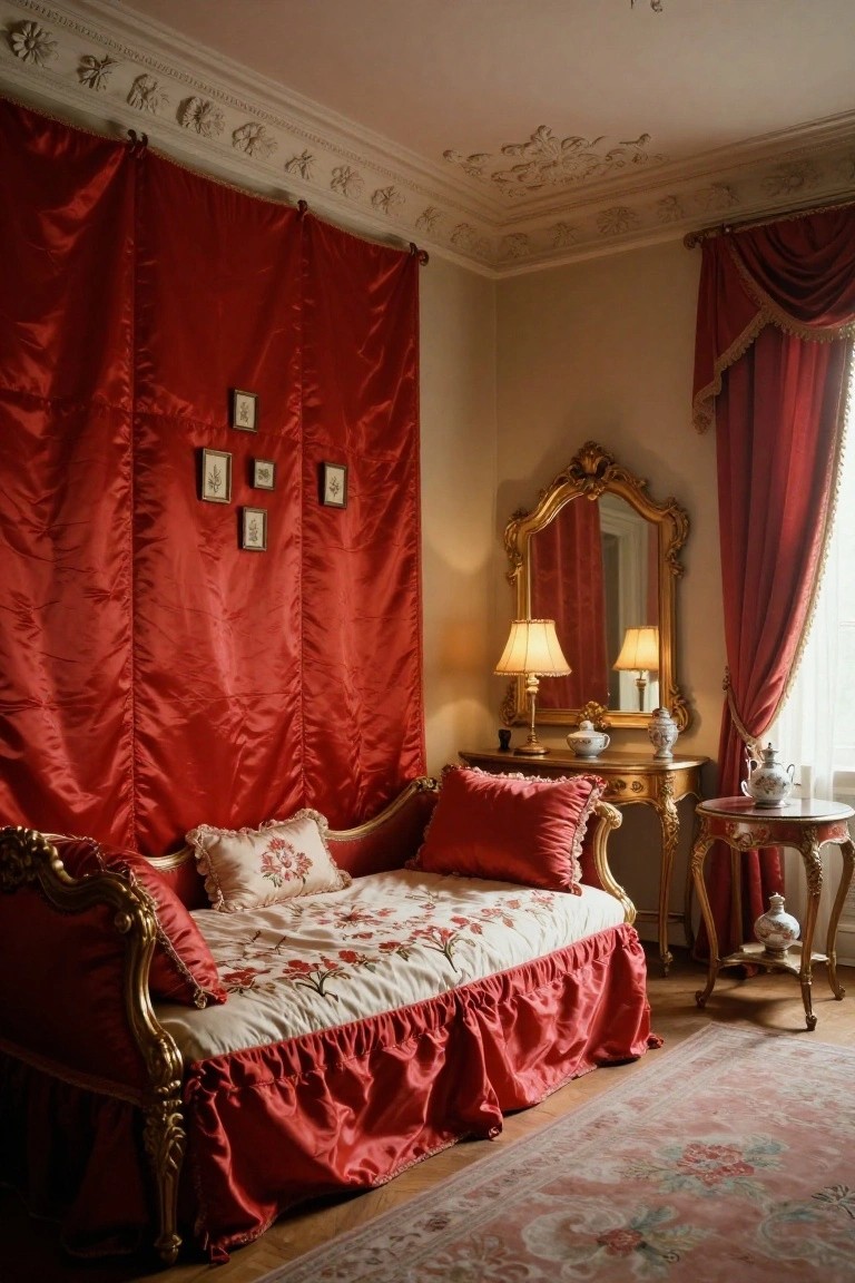 Interior corner with red velvet floor-to-ceiling drapes on one wall, gold upholstered chaise lounge with pillows and skirt, gilded mirror, two lamps on a console table, and small side tables beside a window with red curtains on a pink rug.