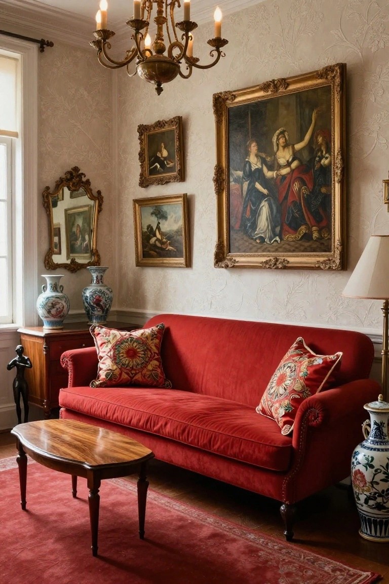 A corner of a traditional living room with a red velvet tufted sofa on a red rug, flanked by porcelain vases, a wooden side table, gold-framed paintings on cream walls, and a chandelier overhead.