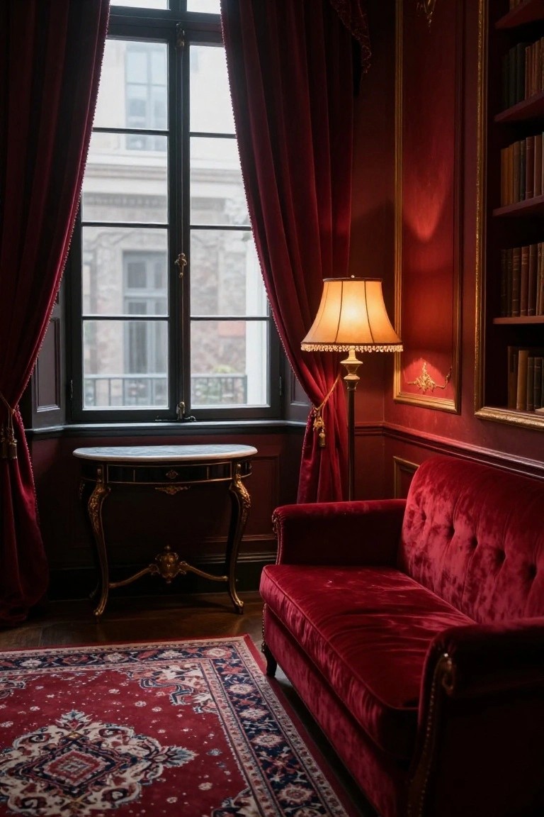 A paneled red living room with a red velvet sofa, black-and-gold oval console table, brass floor lamp with fringed shade, heavy red velvet curtains on tall dark-framed windows, red patterned rug, and wood bookshelves.
