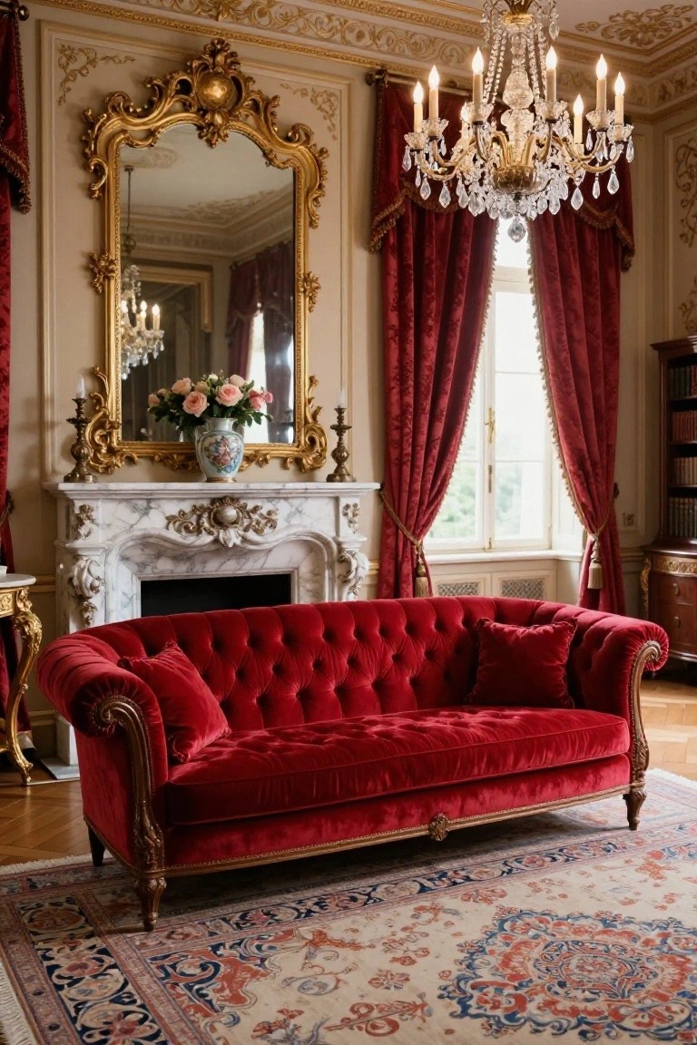 Ornate Rococo living room with red velvet tufted sofa, gold-framed mirror above marble fireplace with flowers, crystal chandelier, red velvet curtains, and patterned rug on parquet floor.